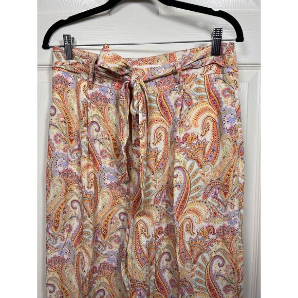 MNG Mango Nora Wide Leg Orange Paisley Print Tie Belt Women's Pants Casual - Picture 3 of 10